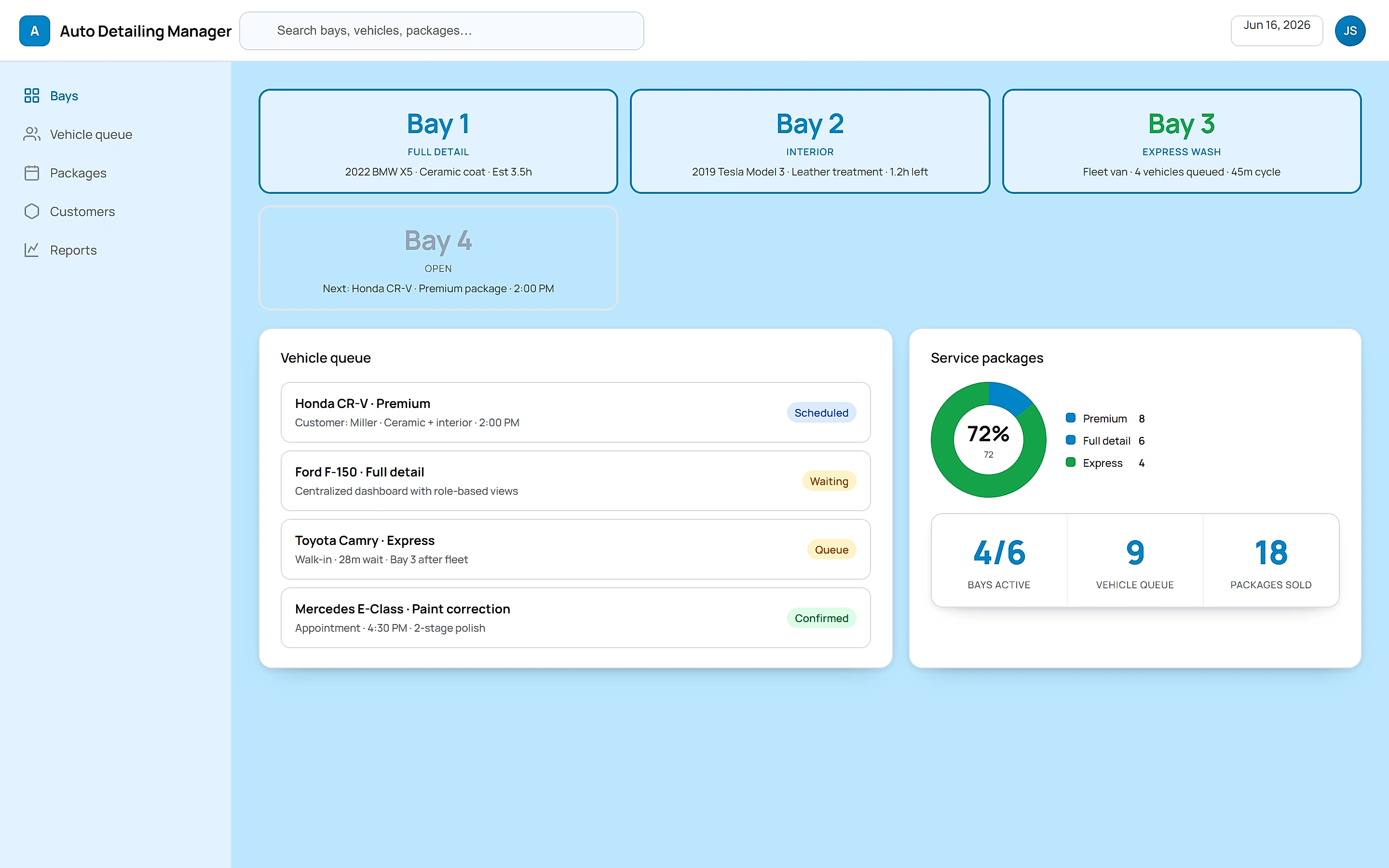 Auto Detailing Manager — Operations command center