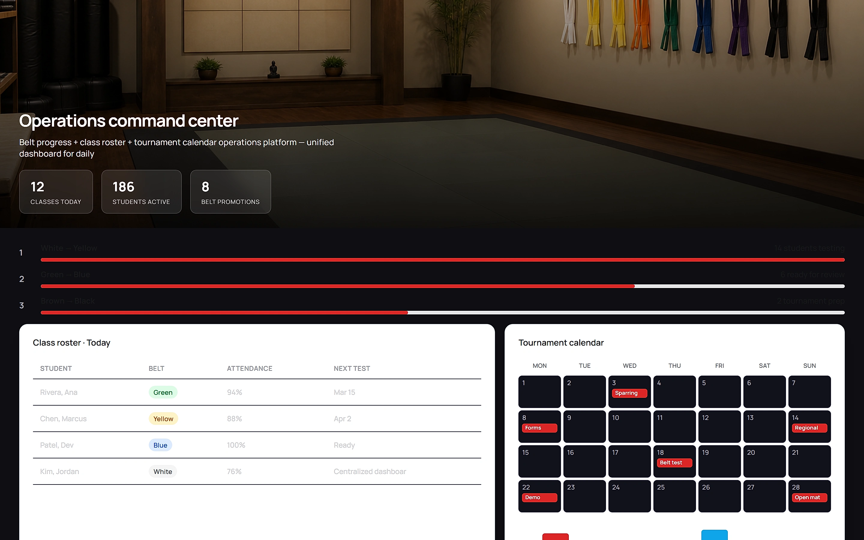 Martial Arts Manager — Operations command center