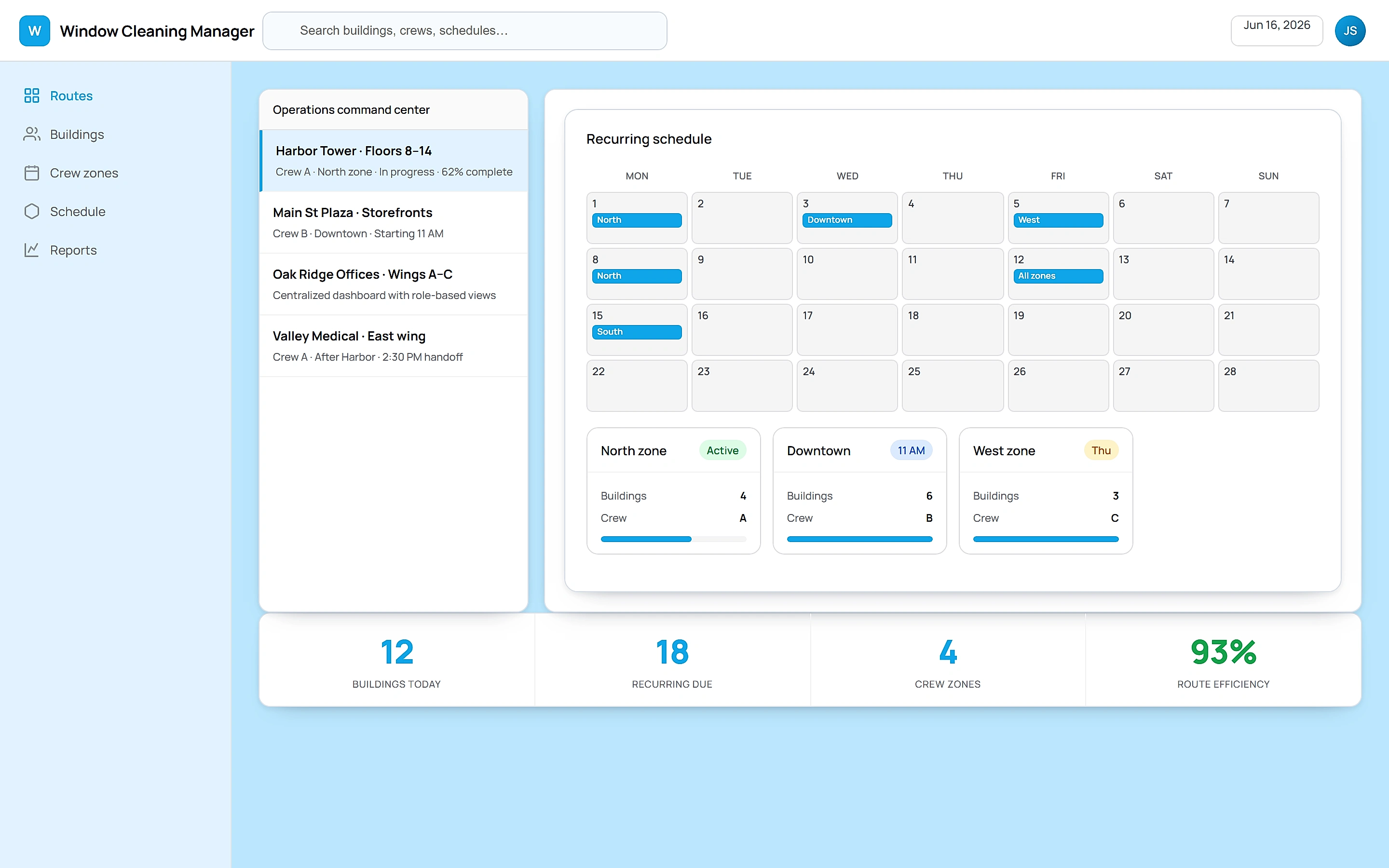 Window Cleaning Manager — Operations command center