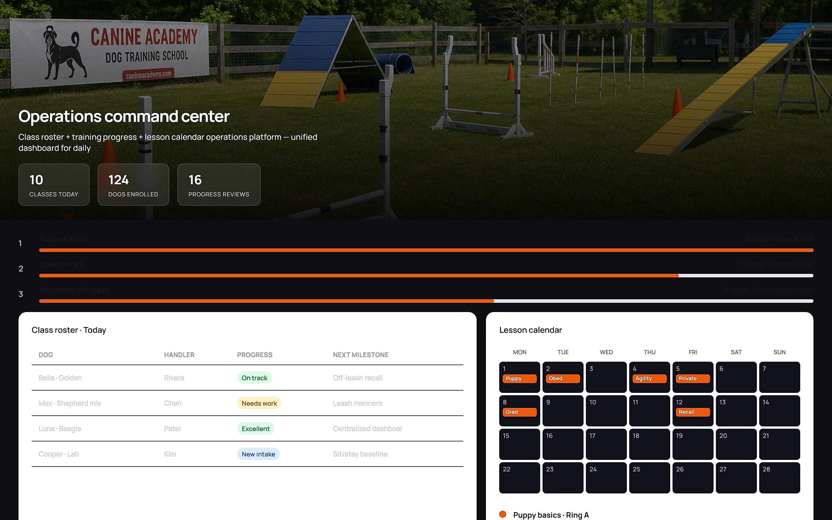 Dog Training Manager — Operations command center