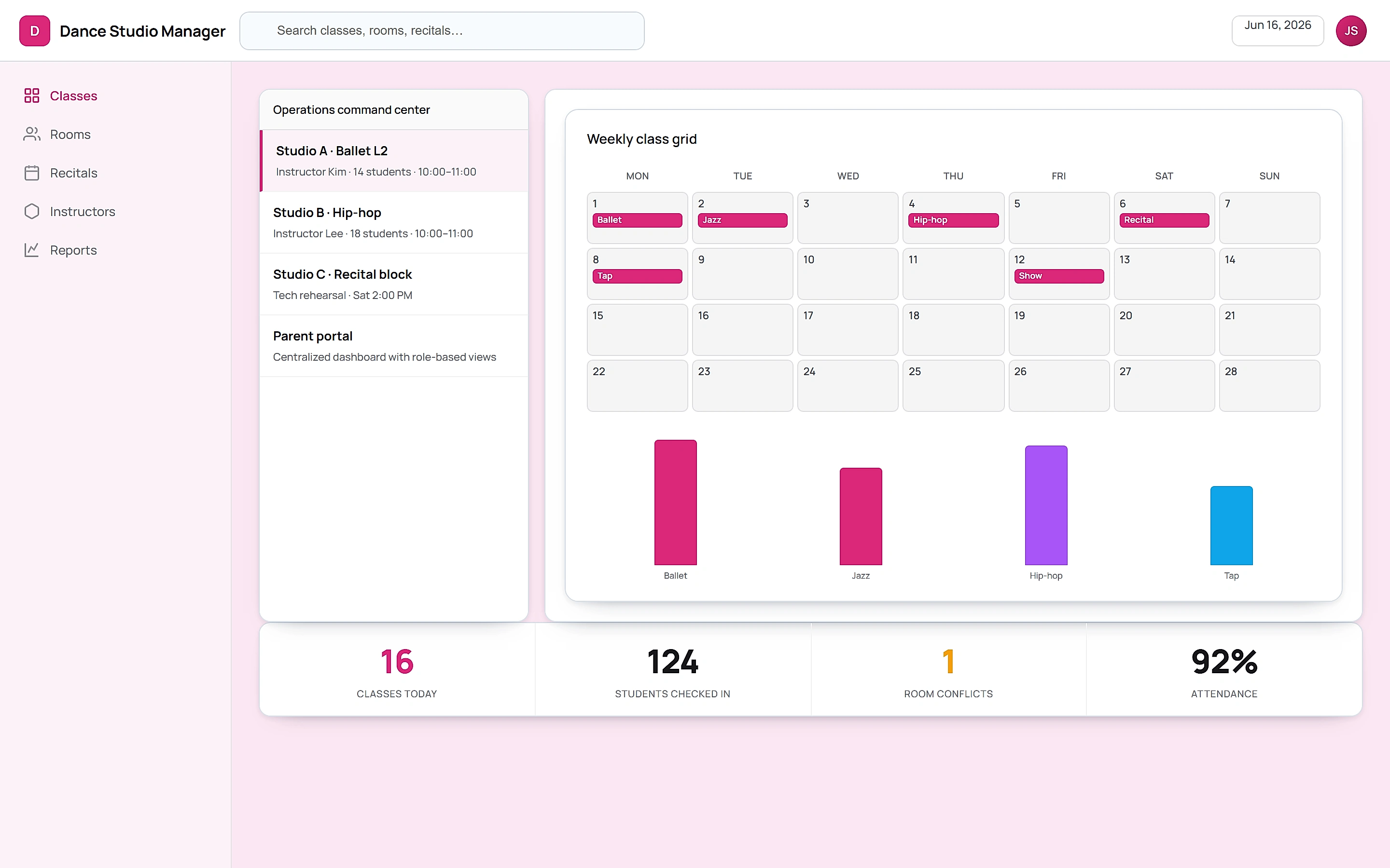 Dance Studio Manager — Operations command center