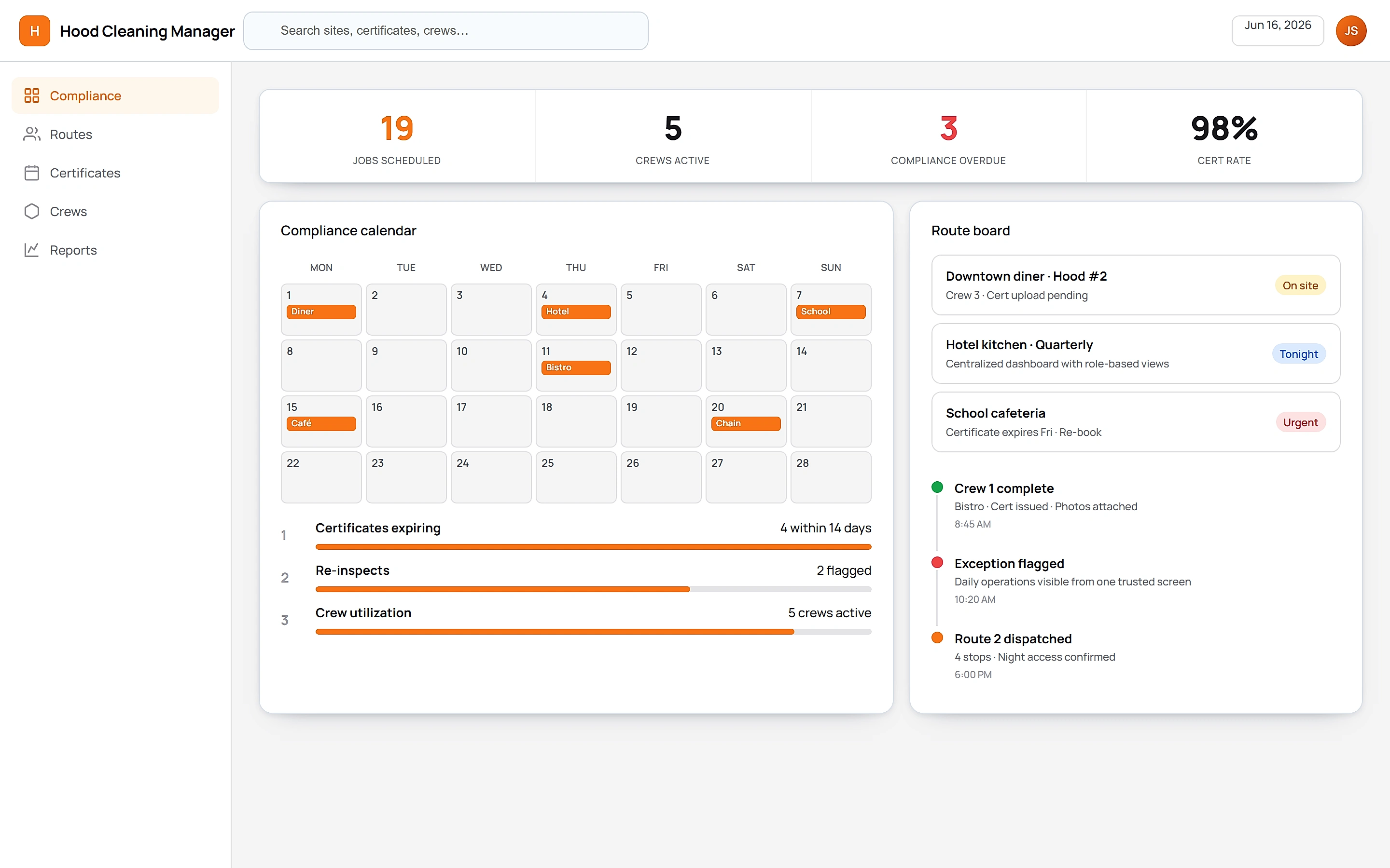 Hood Cleaning Manager — Operations command center