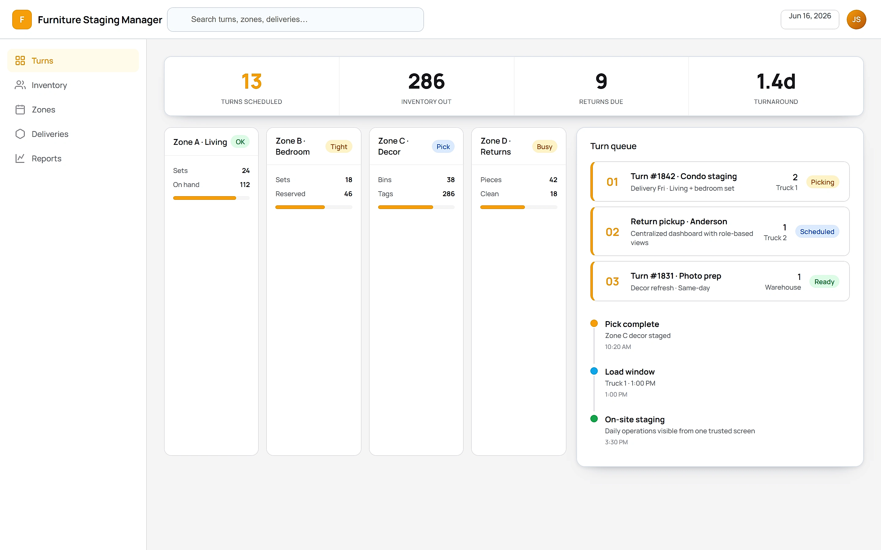 Furniture Staging Manager — Operations command center