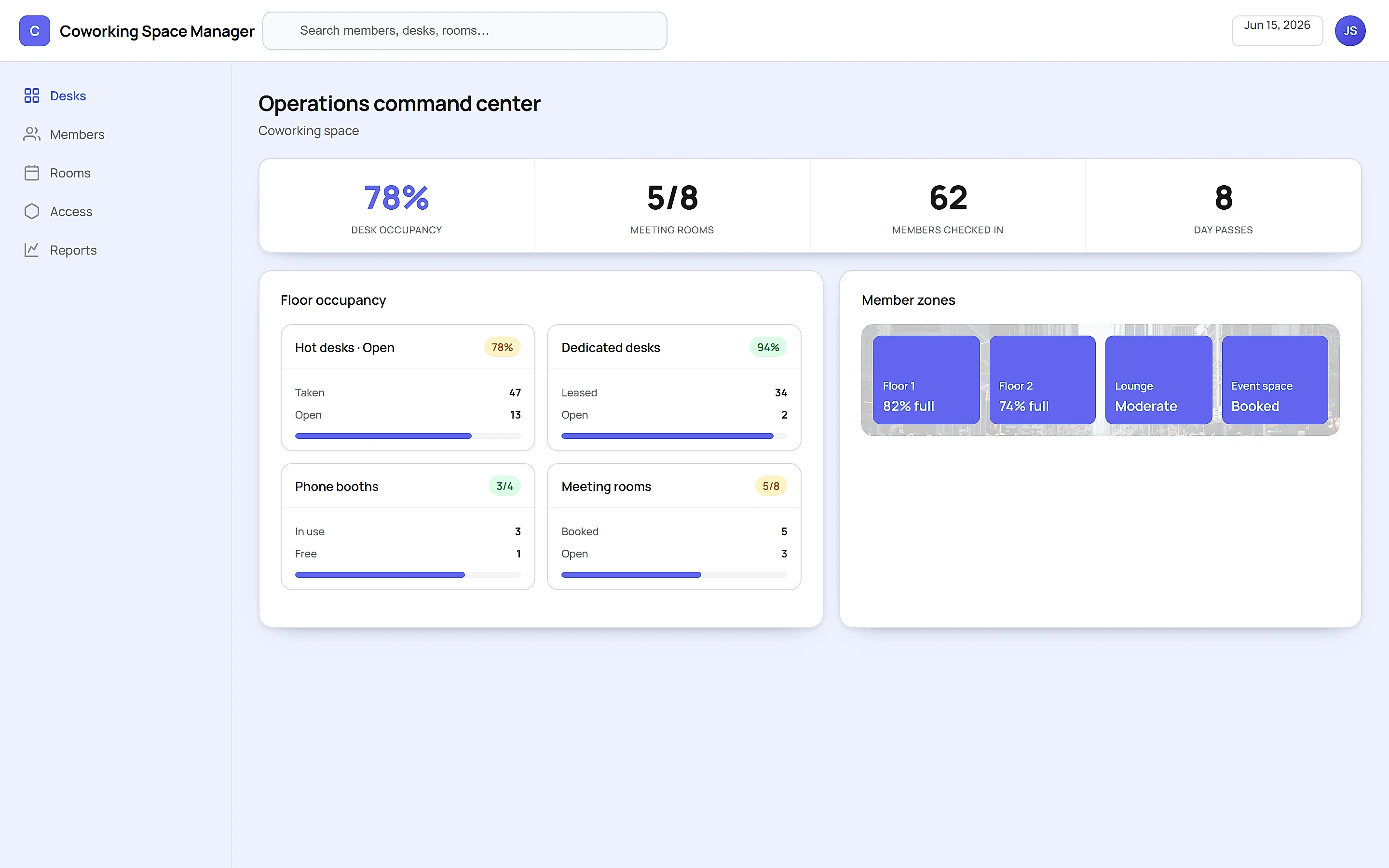 Coworking Space Manager — Operations command center