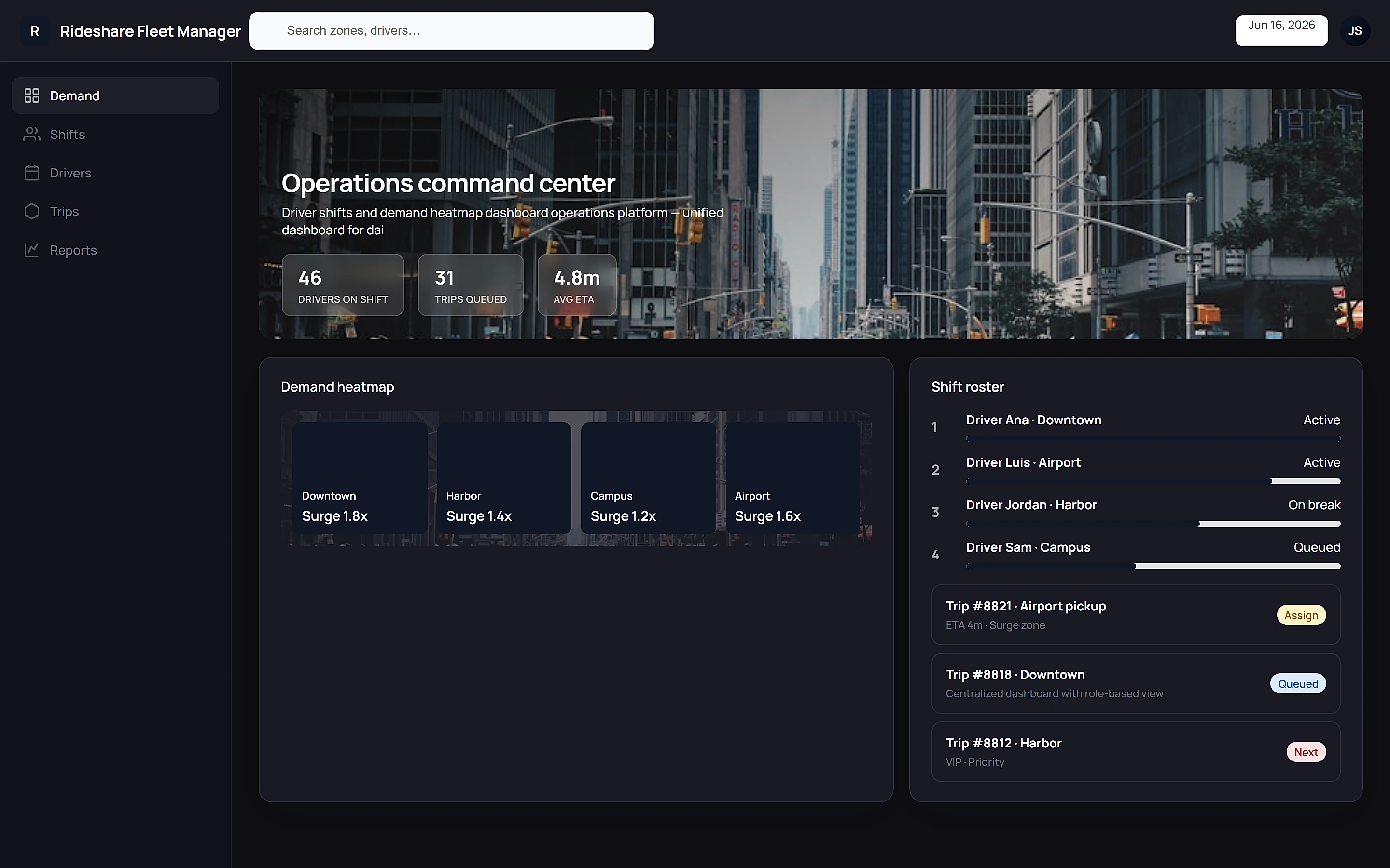 Rideshare Fleet Manager — Operations command center