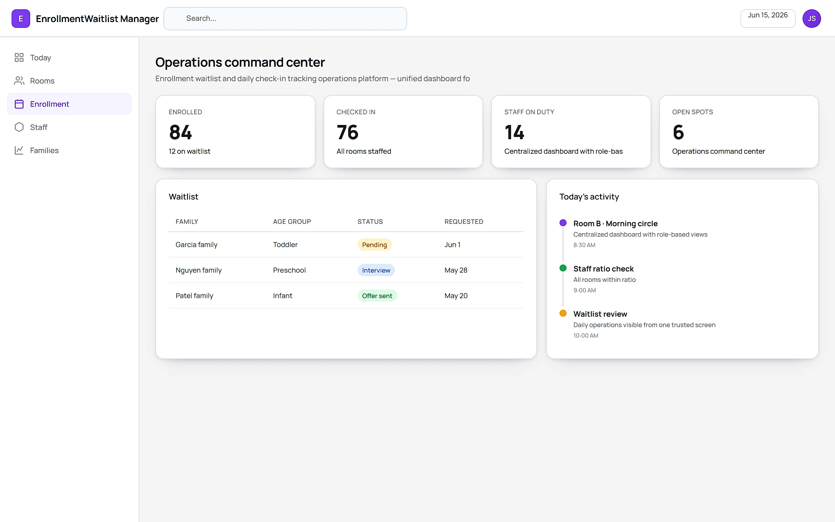 EnrollmentWaitlist Manager — Operations command center