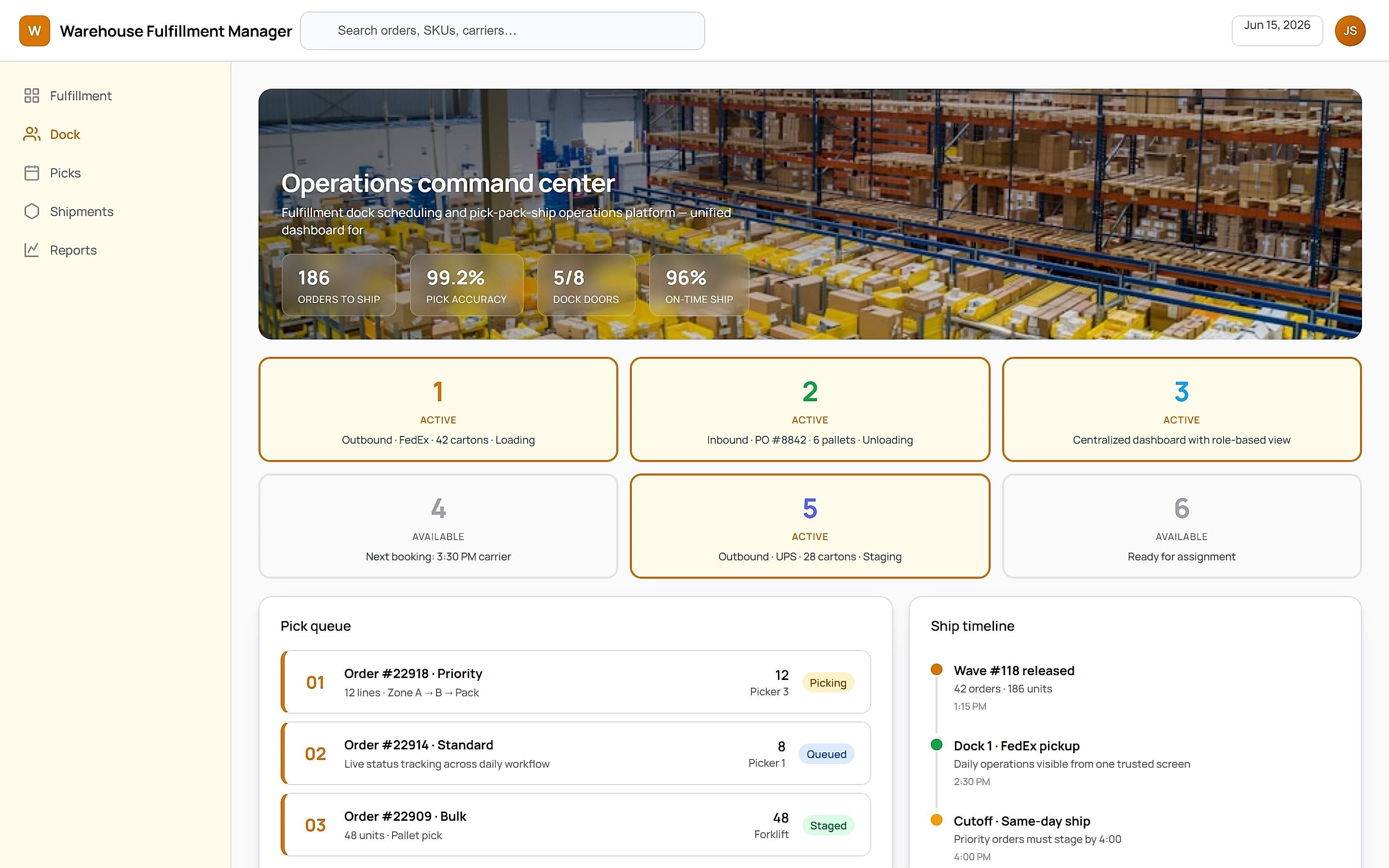 Warehouse Fulfillment Manager — Operations command center