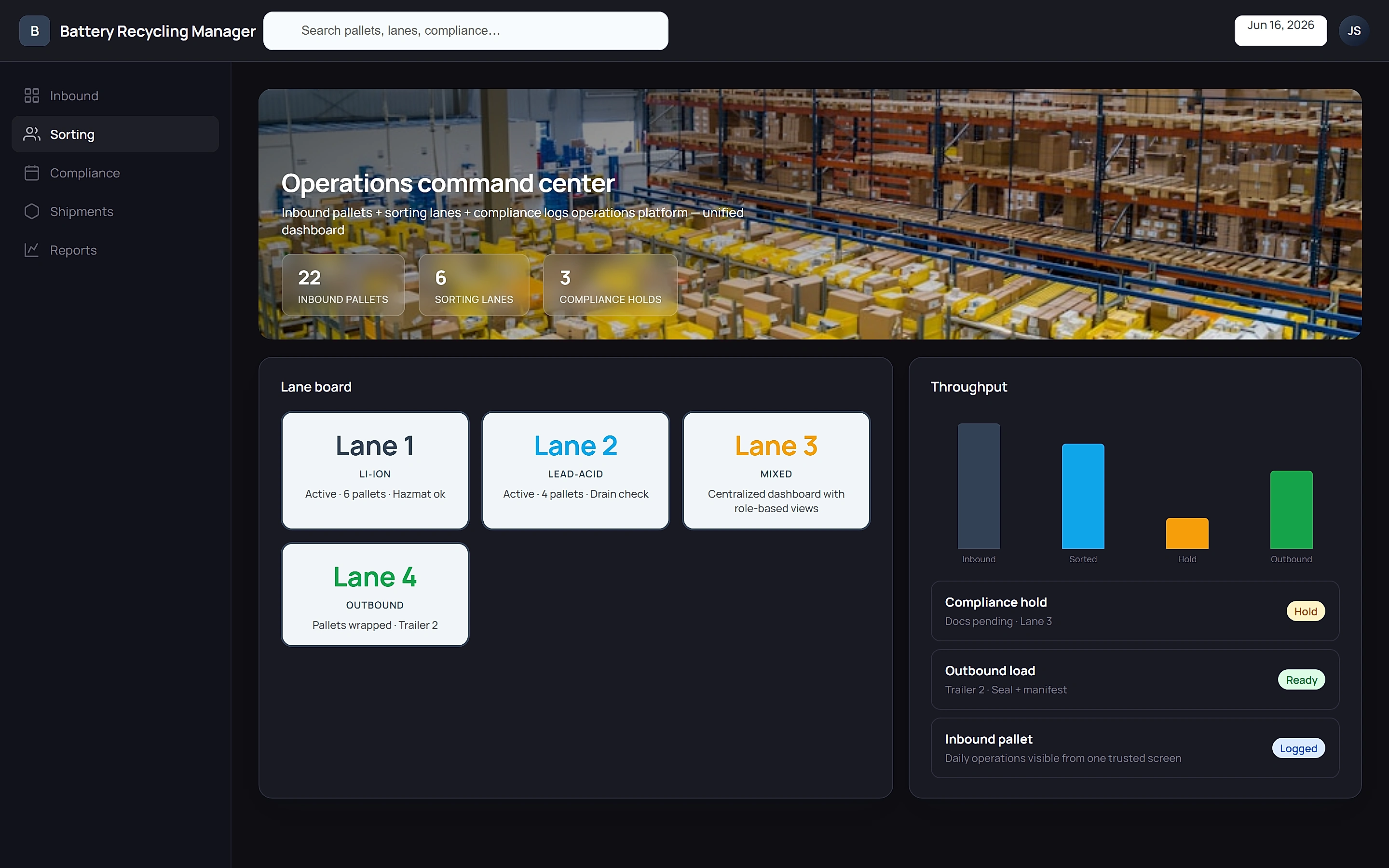 Battery Recycling Manager — Operations command center