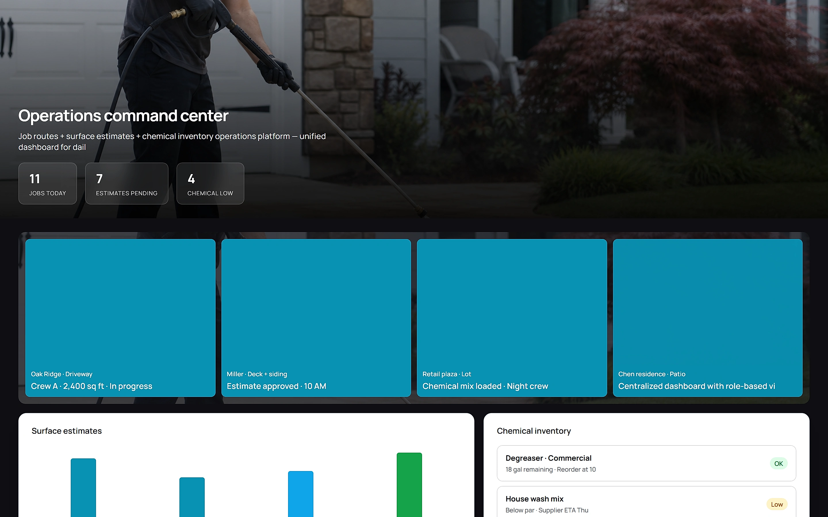 Pressure Washing Manager — Operations command center