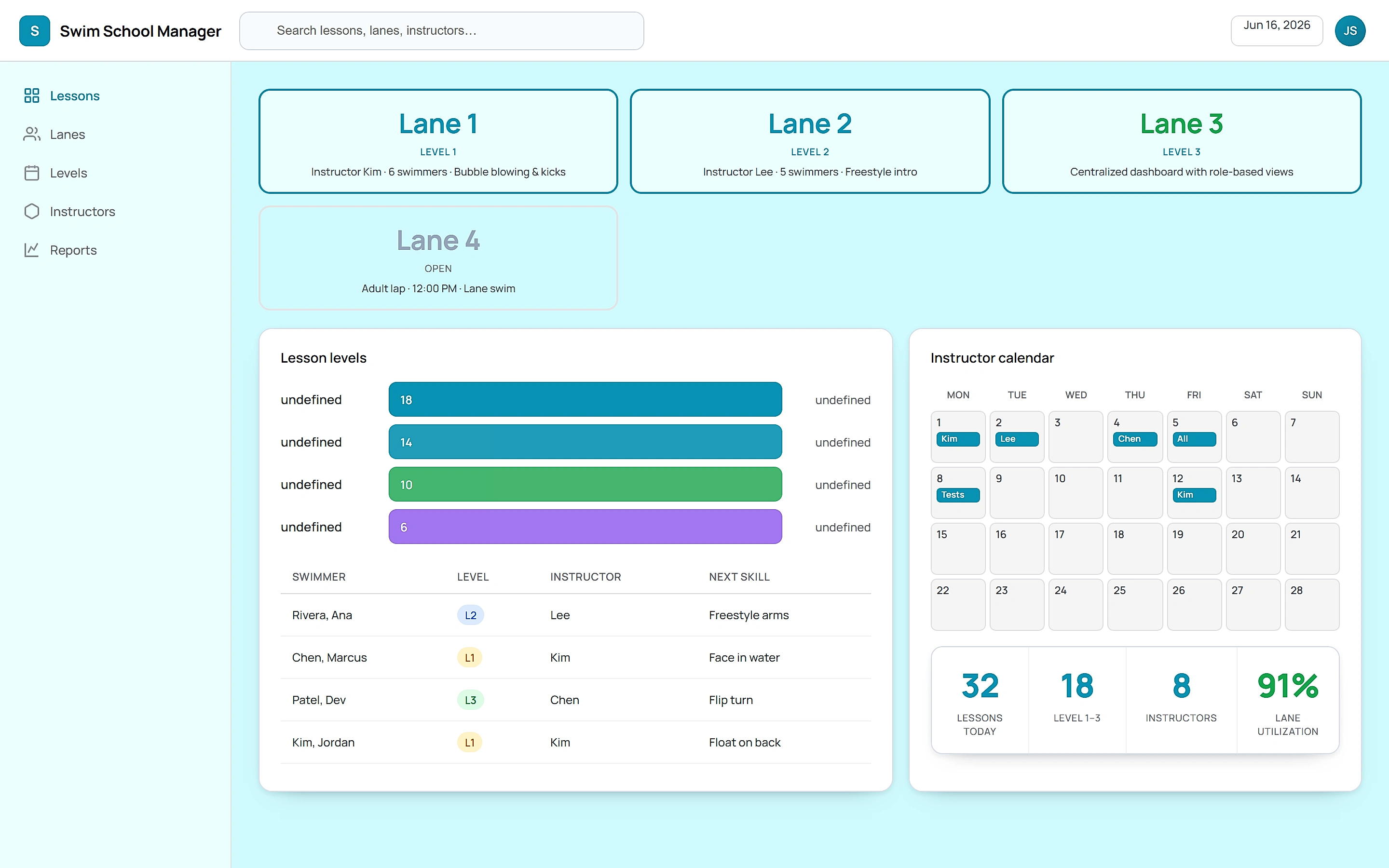 Swim School Manager — Operations command center