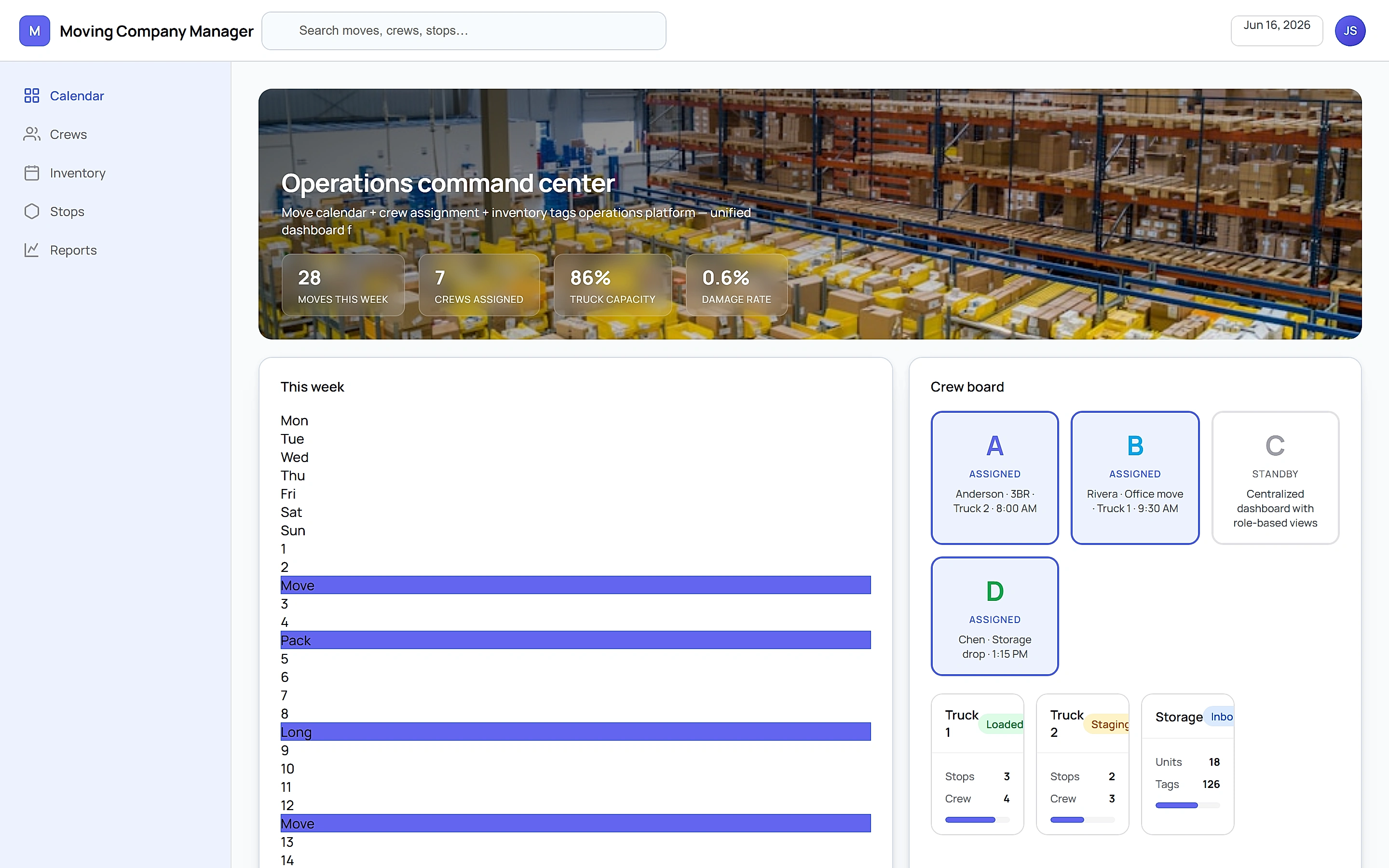 Moving Company Manager — Operations command center