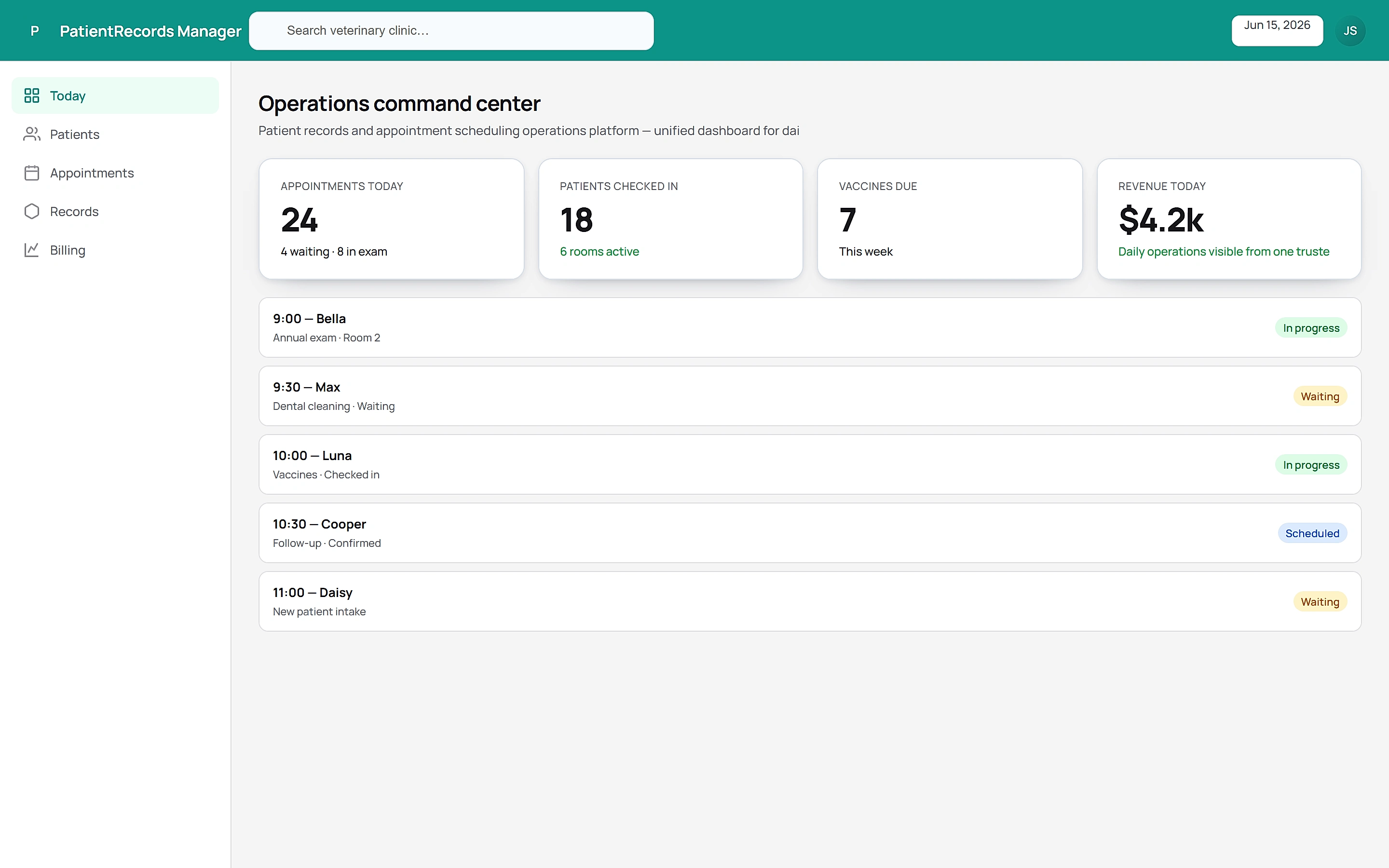 PatientRecords Manager — Operations command center