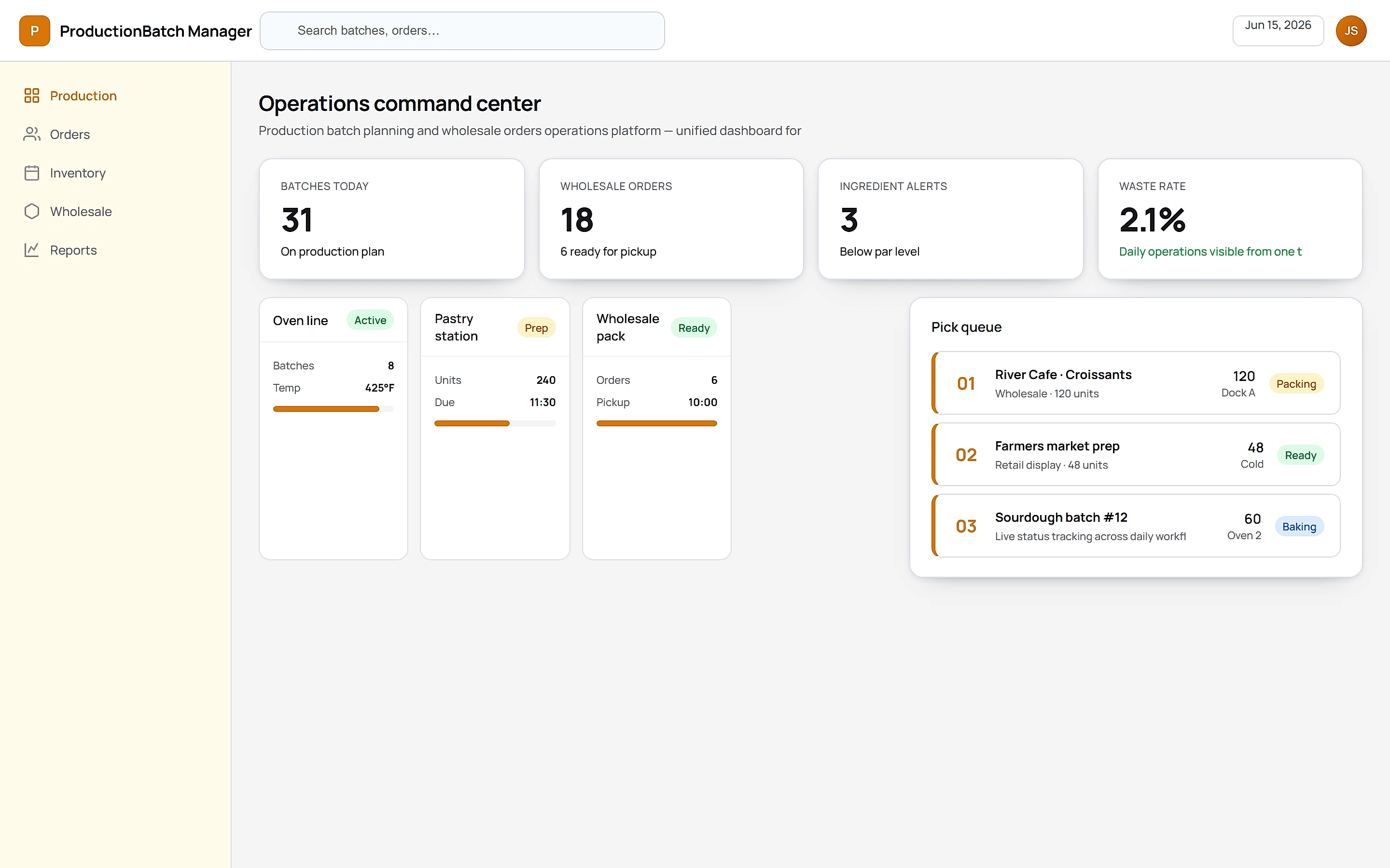 ProductionBatch Manager — Operations command center