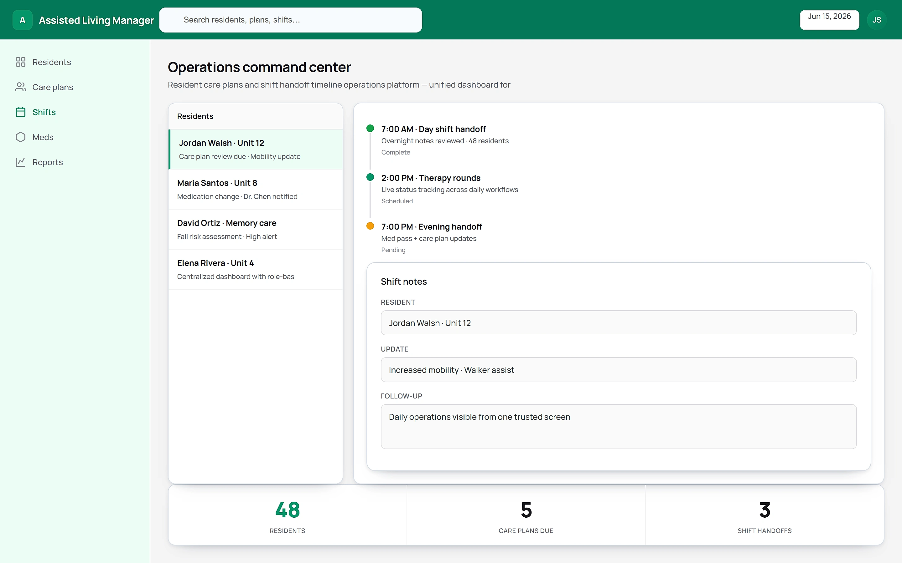 Assisted Living Manager — Operations command center