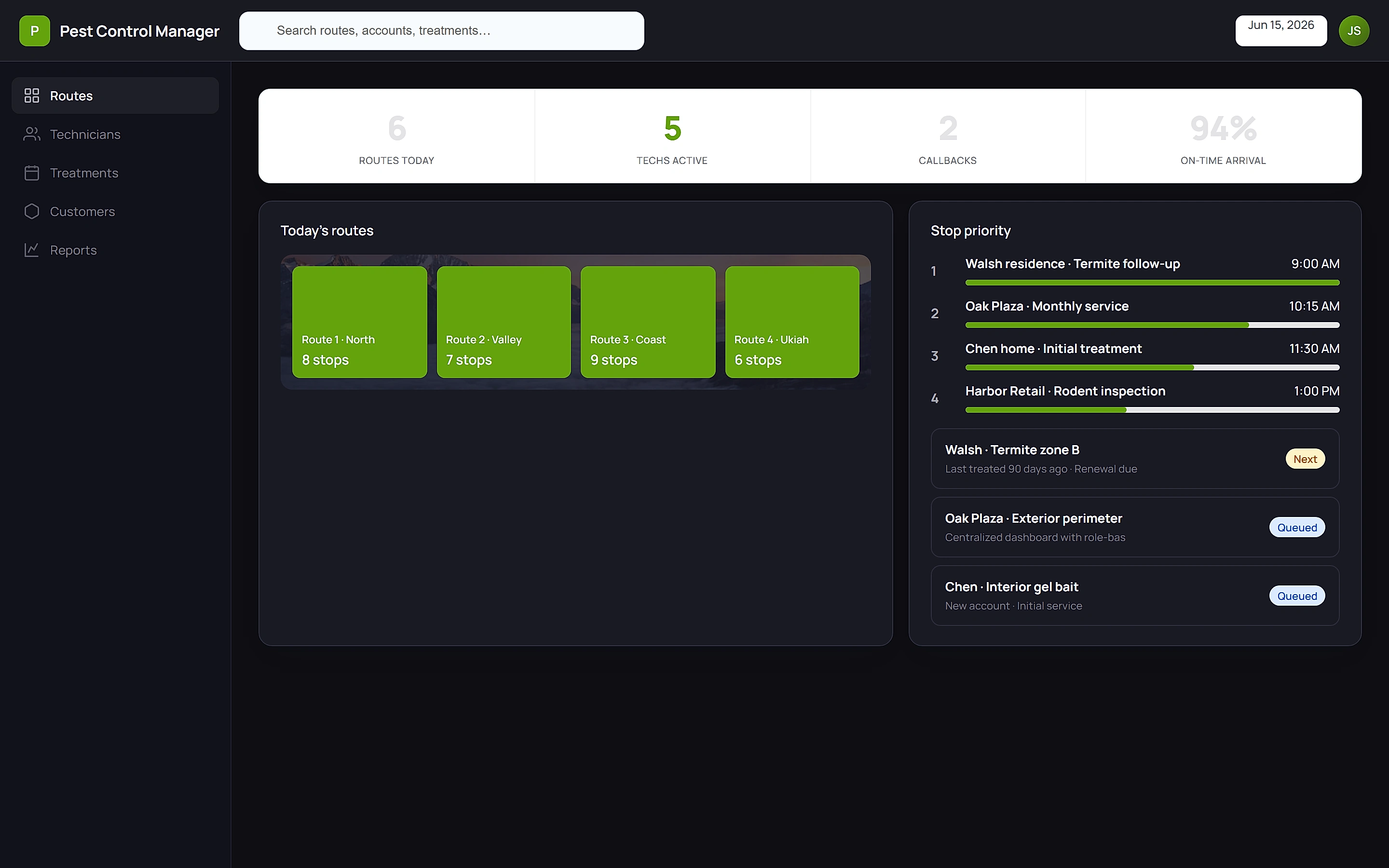 Pest Control Manager — Operations command center