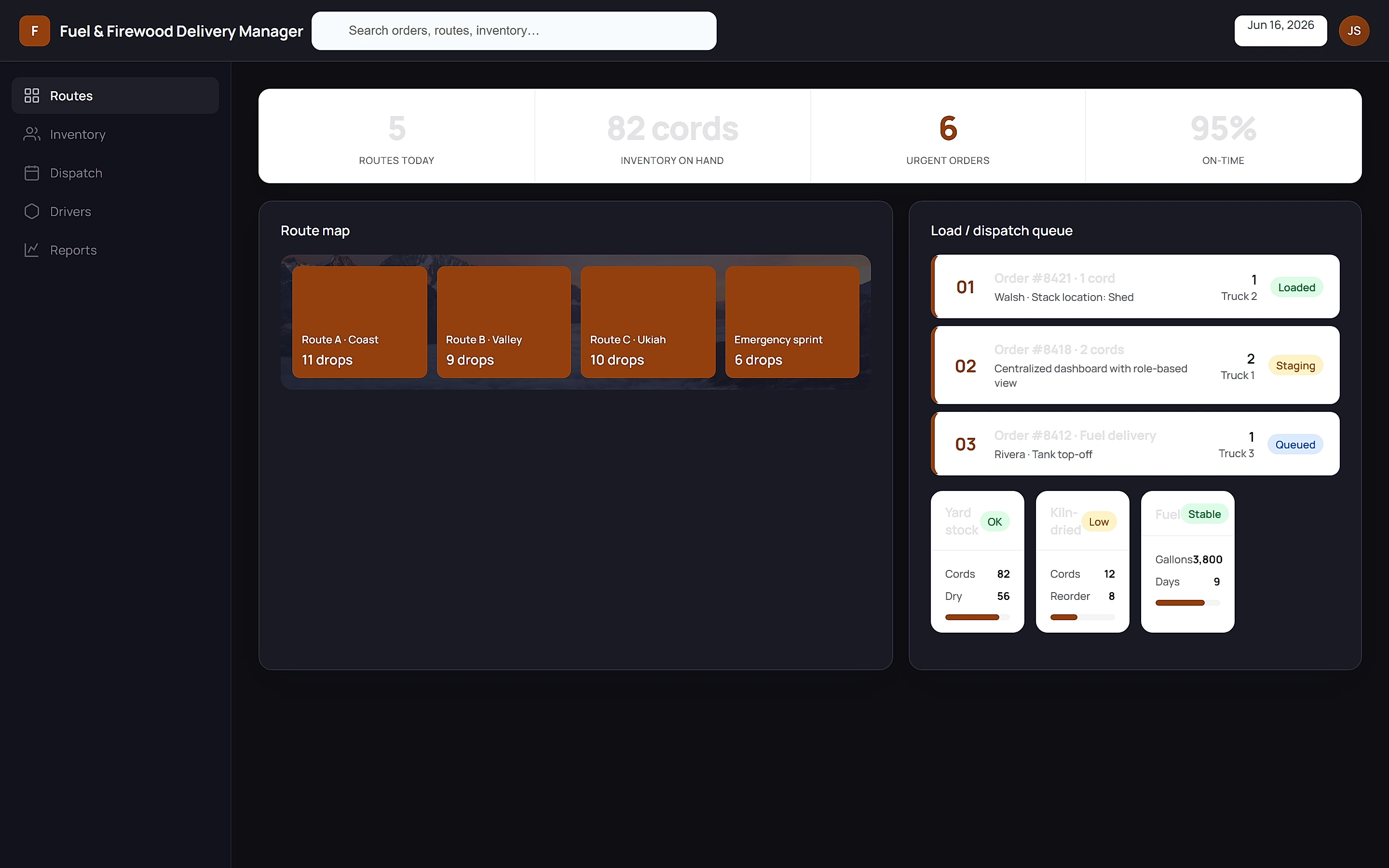 Fuel & Firewood Delivery Manager — Operations command center
