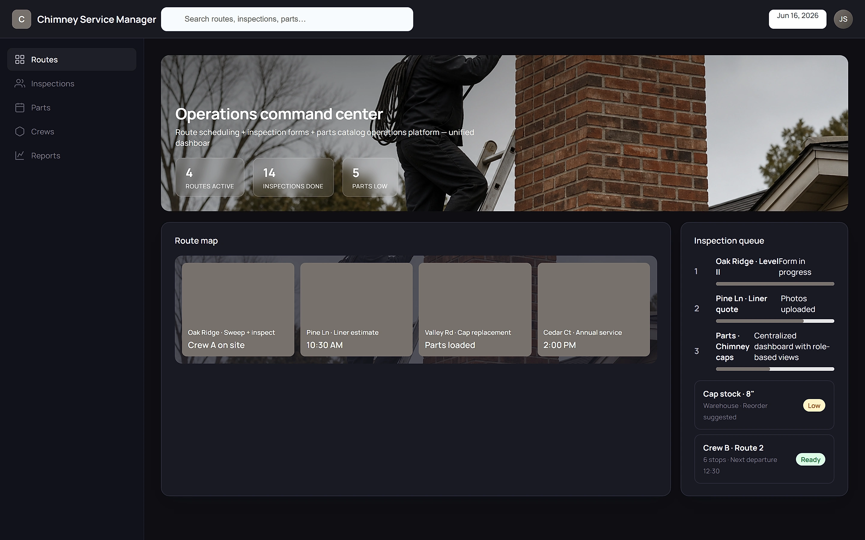 Chimney Service Manager — Operations command center