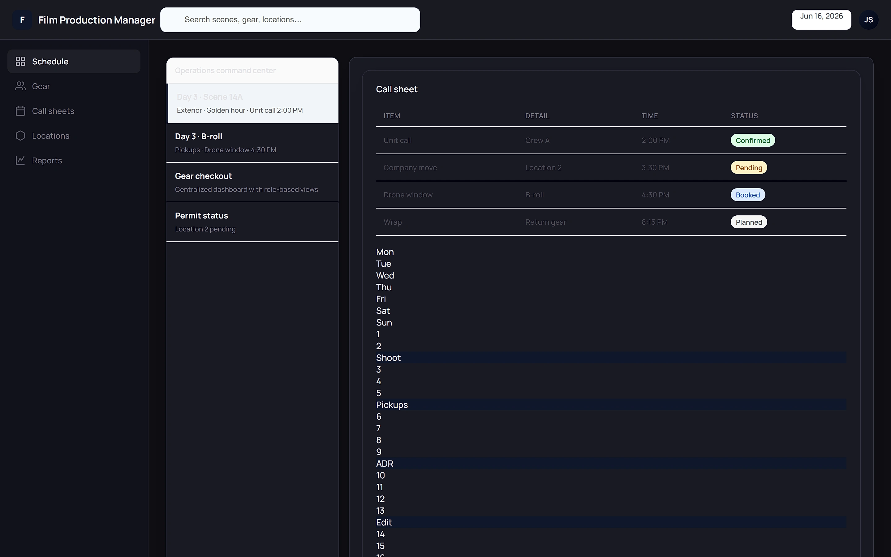 Film Production Manager — Operations command center