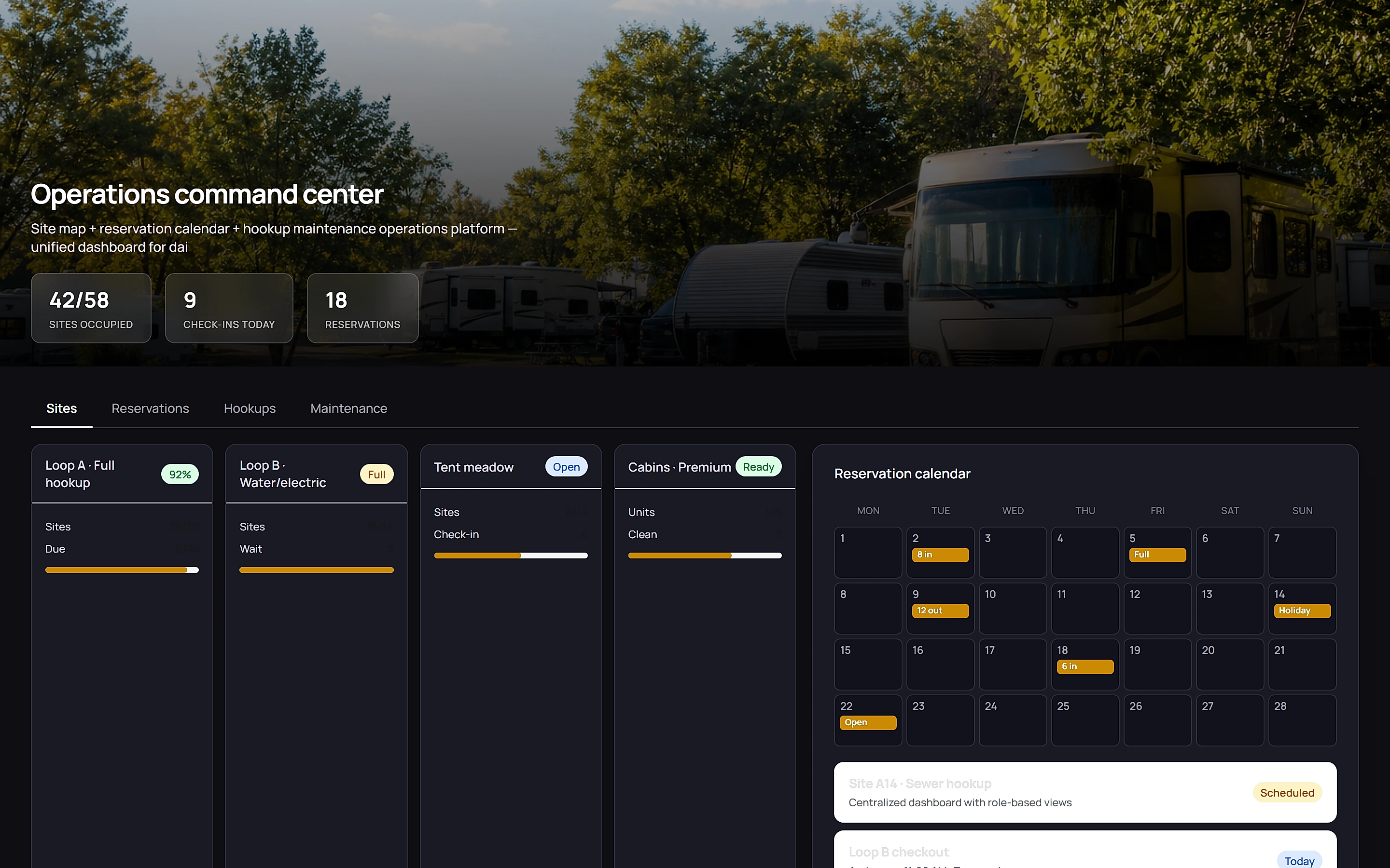 RV Park Manager — Operations command center