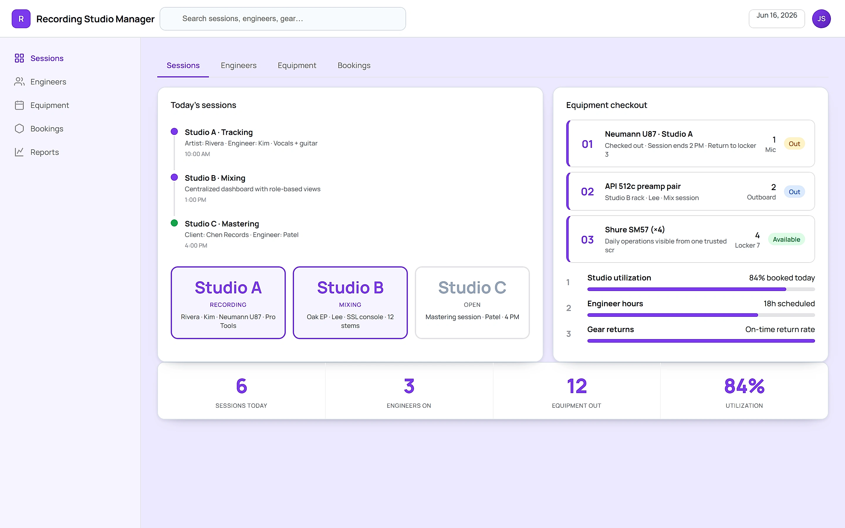 Recording Studio Manager — Operations command center