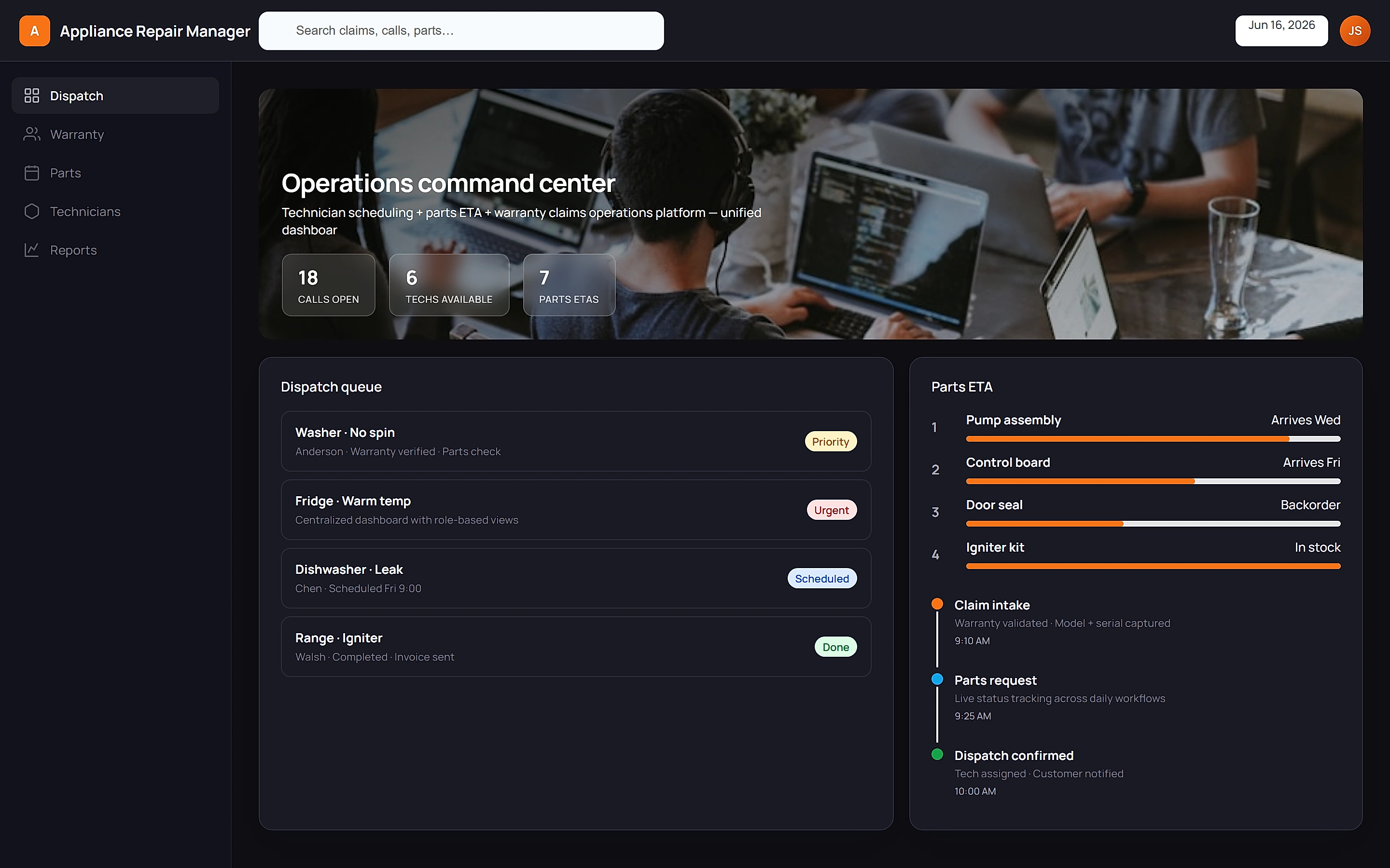 Appliance Repair Manager — Operations command center