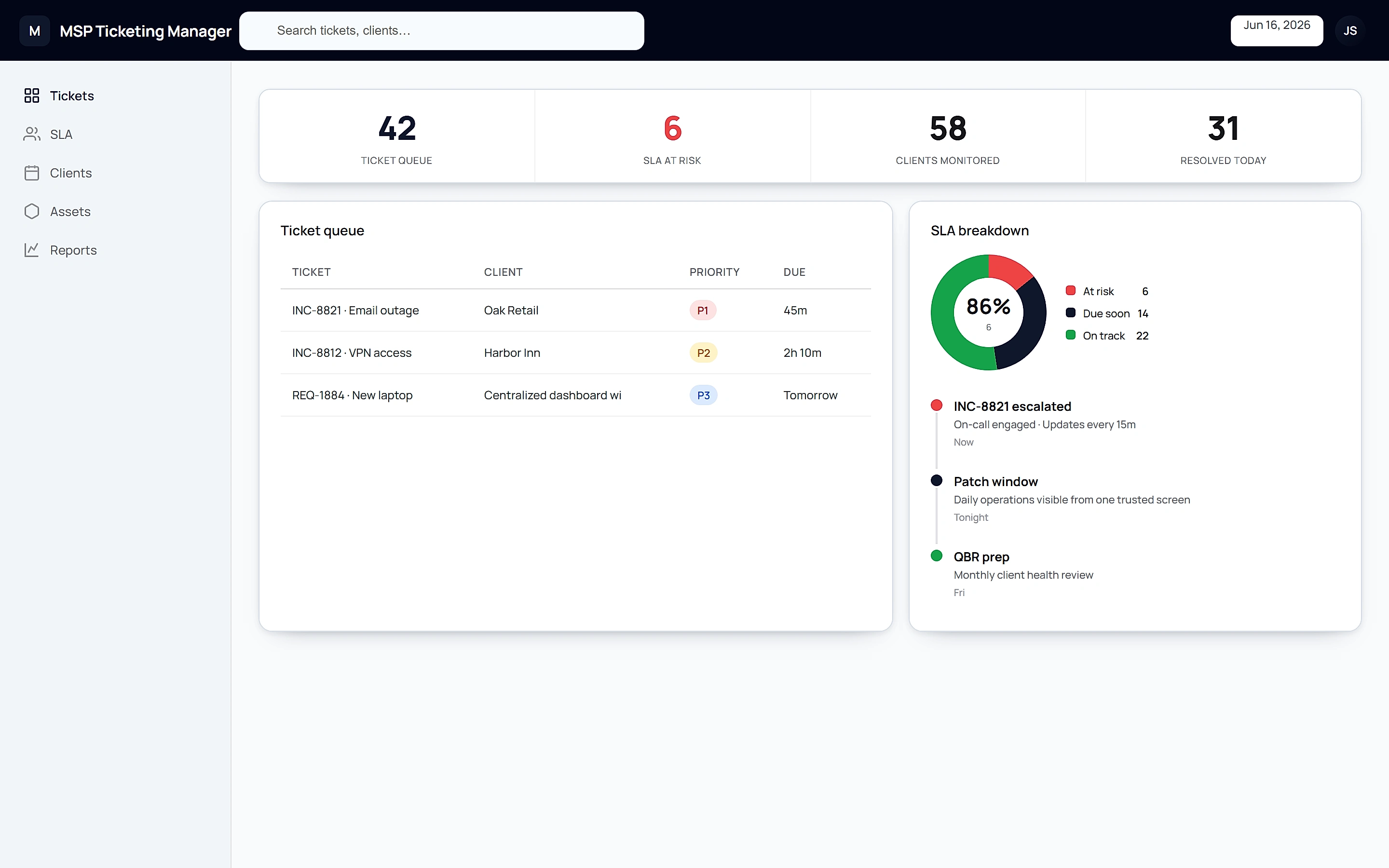 MSP Ticketing Manager — Operations command center