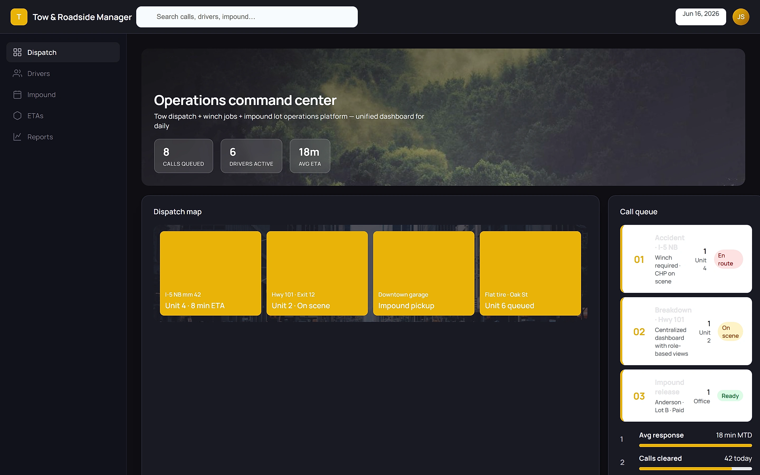 Tow & Roadside Manager — Operations command center