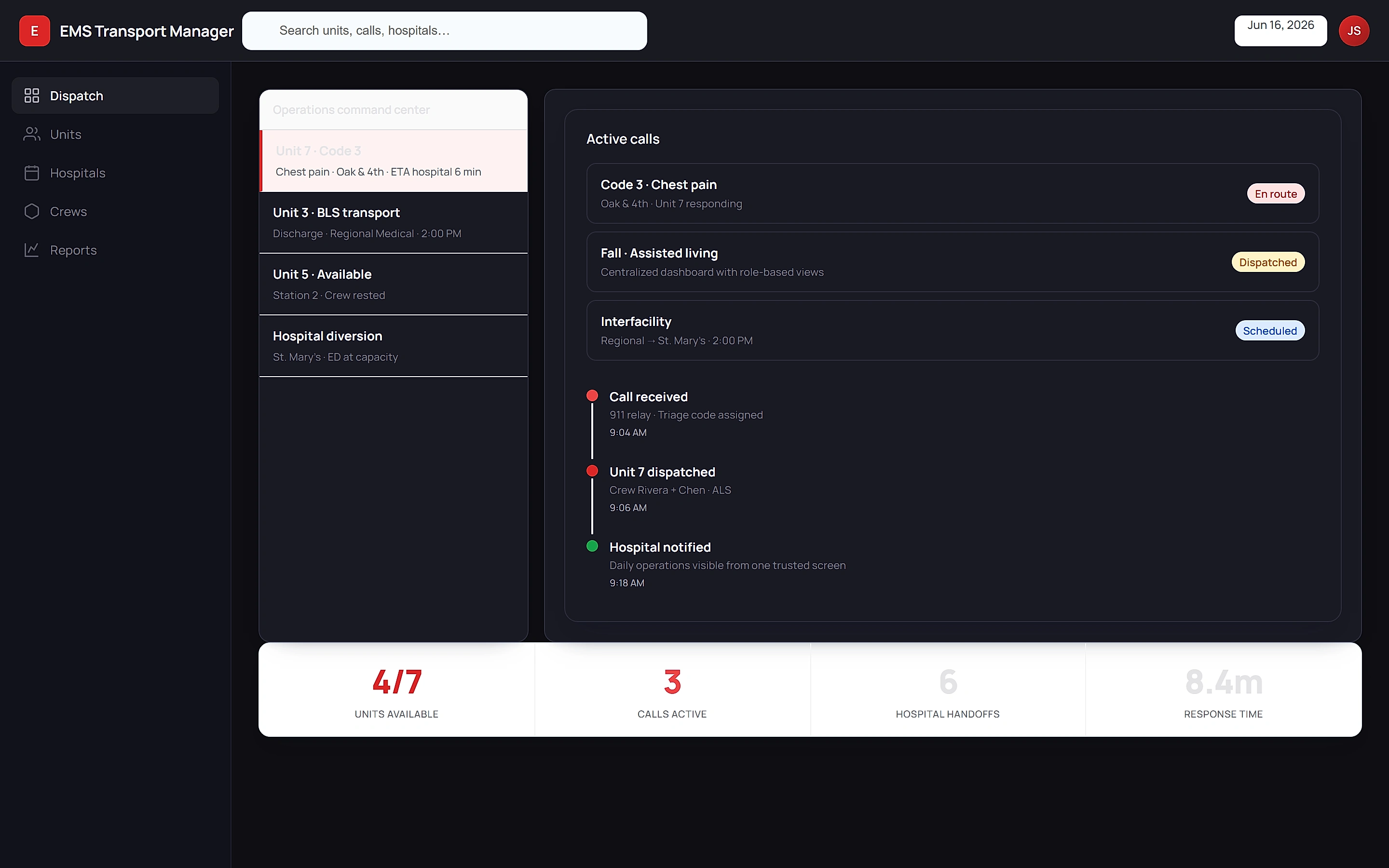 EMS Transport Manager — Operations command center