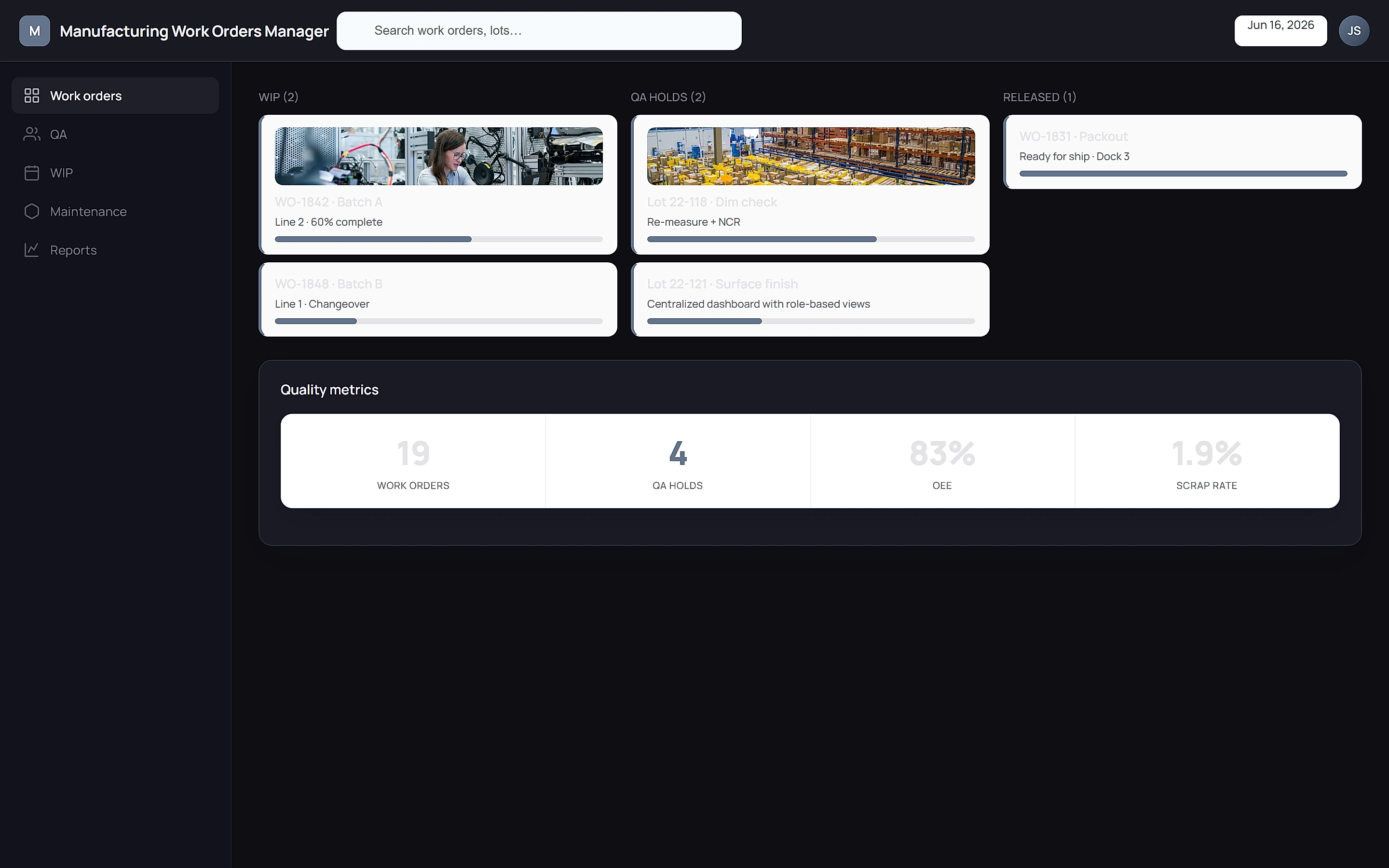 Manufacturing Work Orders Manager — Operations command center
